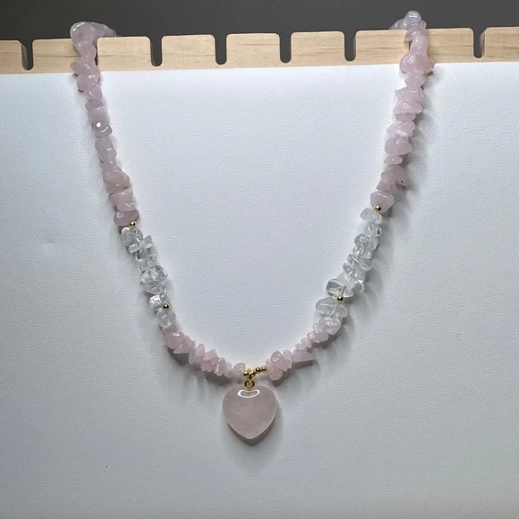 Rose Quartz Heart Pendant Beaded Necklace - Pink - Picture 2 of 9